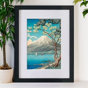 High-quality Mounted + Framed Print Mount Fuji from Lake Yamanaka - Hiroaki Takahashi Japanese Woodblock Print Ukiyo-e - City of Paradise