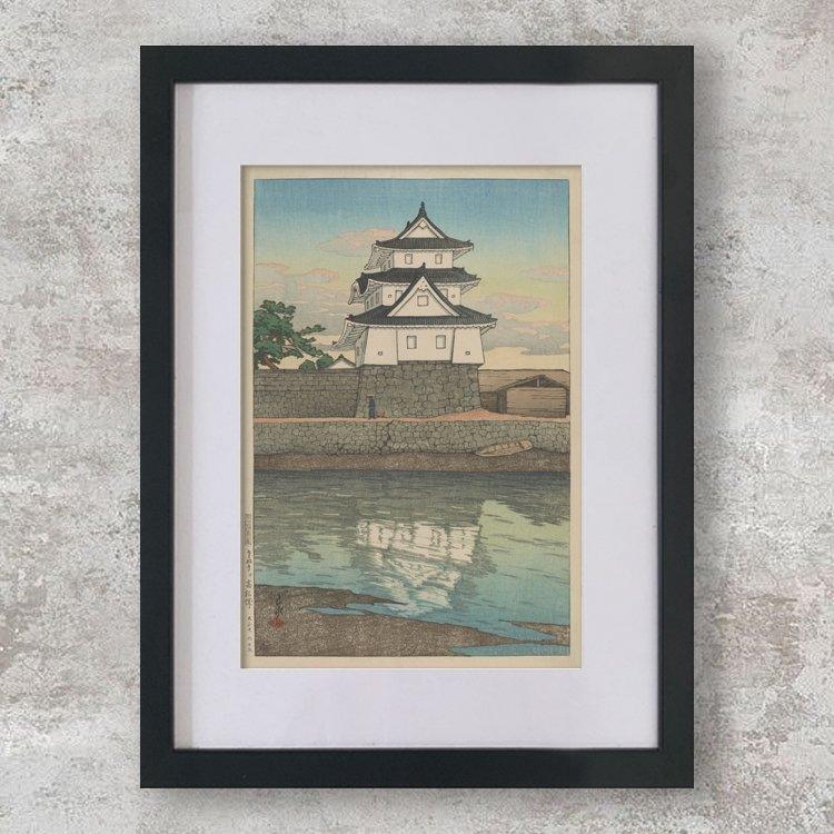 High-quality Mounted + Framed Print Takamatsu Castle, Sanuki - Kawase Hasui Japanese Woodblock Print Ukiyo-e - City of Paradise