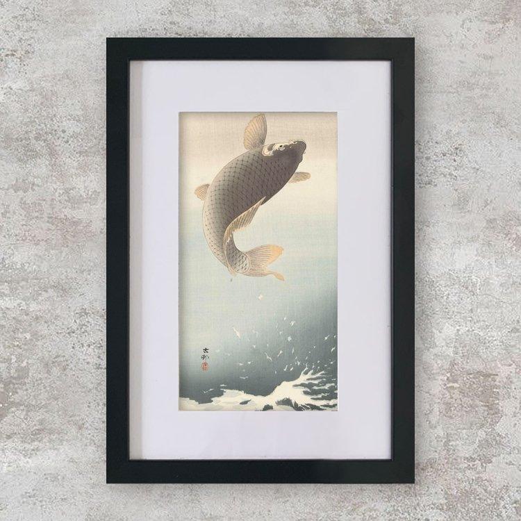 High-quality Mounted + Framed Print Leaping Carp - Ohara Koson Japanese Woodblock Print Ukiyo-e - City of Paradise