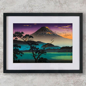 High-quality Mounted + Framed Print Mount Fuji from Lake Sai, Evening - Tsuchiya Koitsu Japanese Woodblock Print Ukiyo-e - City of Paradise