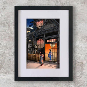 High-quality Mounted + Framed Print Teahouse at Night - Tsuchiya Koitsu Japanese Woodblock Print Ukiyo-e - City of Paradise