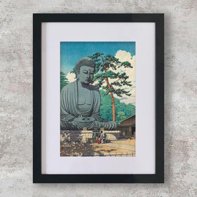 High-quality Mounted + Framed Print The Great Buddha at Kamakura - Kawase Hasui Japanese Woodblock Print Ukiyo-e - City of Paradise