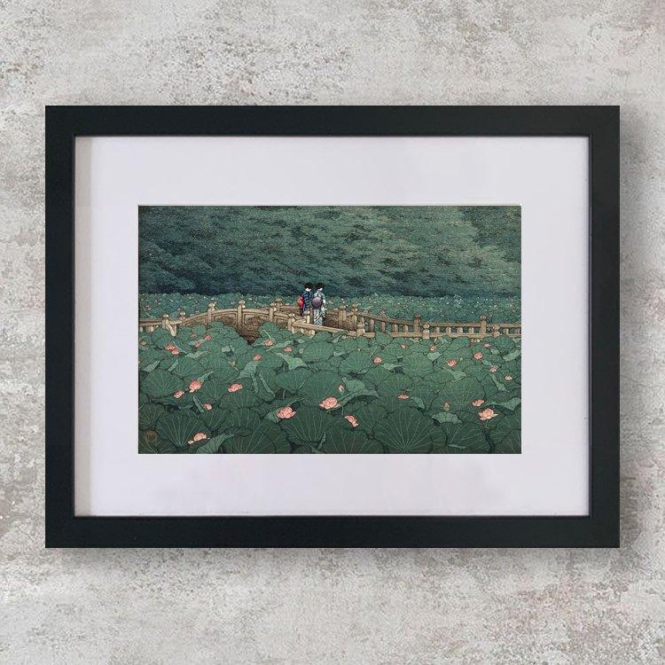 High-quality Mounted + Framed Print The Pond at Benten Shrine in Shiba - Kawase Hasui Japanese Woodblock Print Ukiyo-e - City of Paradise