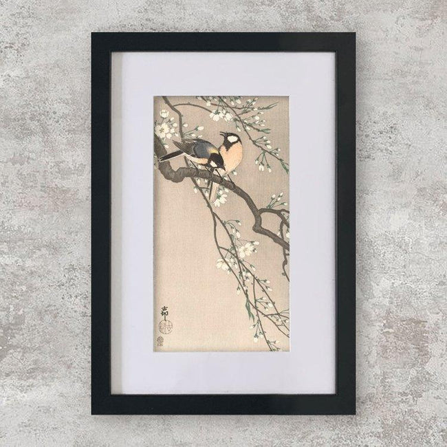 High-quality Mounted + Framed Print Tits on Cherry Branch - Ohara Koson Japanese Woodblock Print Ukiyo-e - City of Paradise