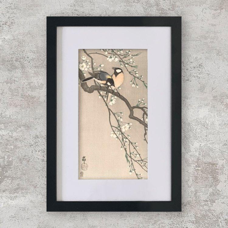 High-quality Mounted + Framed Print Tits on Cherry Branch - Ohara Koson Japanese Woodblock Print Ukiyo-e - City of Paradise