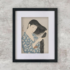 High-quality Mounted + Framed Print Woman combing her hair - Hashiguchi Goyo Japanese Woodblock Print Ukiyo-e - City of Paradise